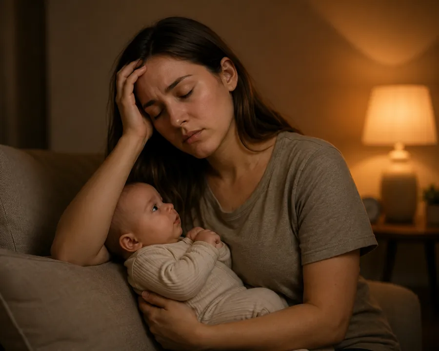 Parent fatigué berçant son bébé le soir